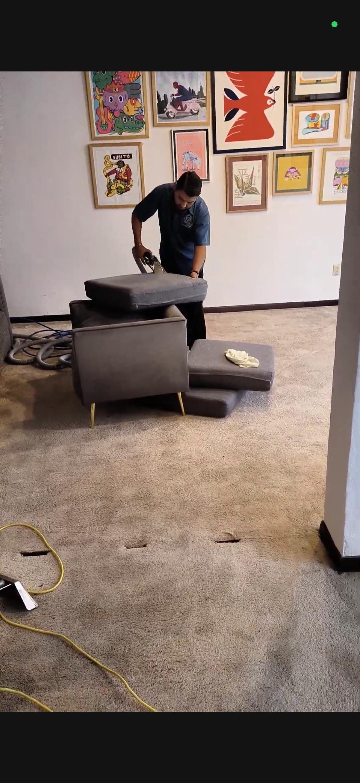 Persona limpiando cojines de sillón gris en una sala con varias ilustraciones en la pared.